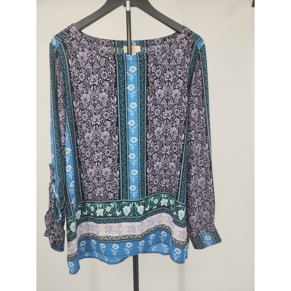 Loft Outlet Women Blue Purple Floral Border Print Roll Tab Sleeve Blouse Large